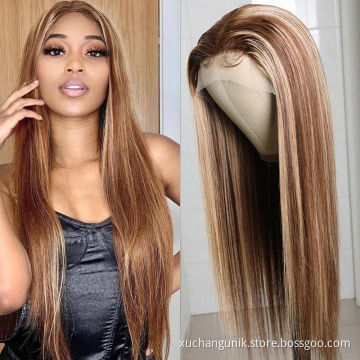 Uniky Piano 30 Inch Long Straight Brown 13X4 Transparent Lace Highlighted Human Hair Wigs 10a Highlight Body Wave Hair Full Wig
